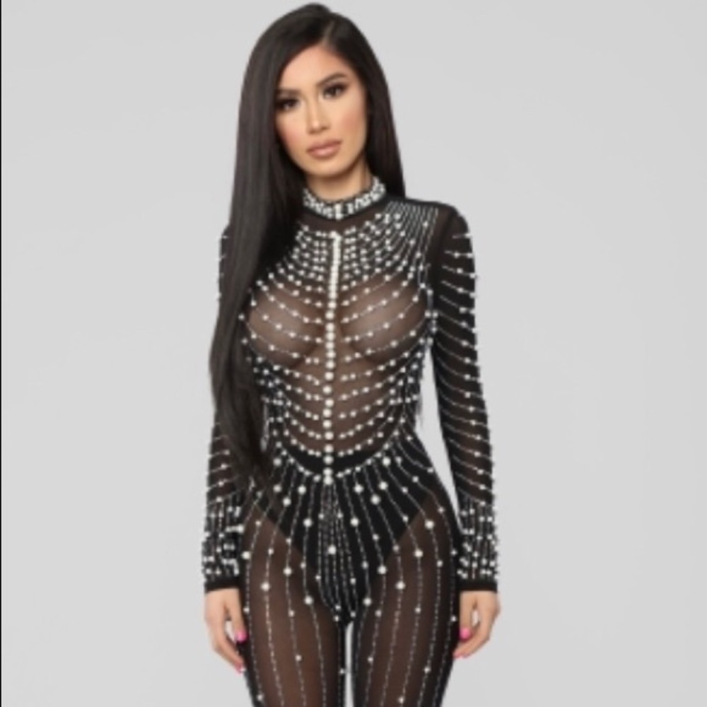 FashionNova Made of Pearls Black jumpsuit Xs